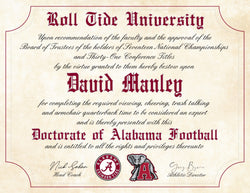 Alabama Crimson Tide Ultimate Football Fan Personalized Novelty Diploma - 8.5" x 11" Parchment Paper