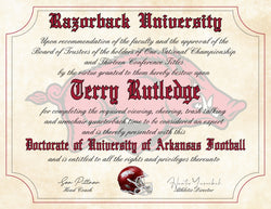 Arkansas Razorbacks Ultimate Football Fan Personalized Diploma - Perfect Gift -8.5" x 11" Parchment Paper