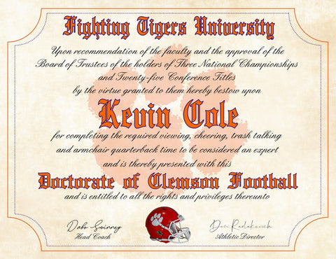 Clemson Tigers Ultimate Football Fan Personalized Diploma - 8.5" x 11" Parchment Paper