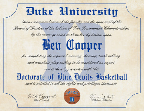 Duke Blue Devils Ultimate Basketball Fan Personalized Diploma on 8.5" x 11" Parchment Paper