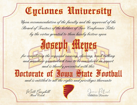 Iowa State Cyclones Ultimate Basketball Fan Personalized Diploma - 8.5" x 11" Parchment Paper