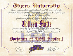 LSU Tigers Ultimate Football Fan Personalized 8.5" x 11" Diploma
