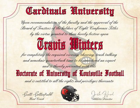 Louisville Cardinals Ultimate Football Fan Personalized Diploma - 8.5" x 11" Parchment Paper