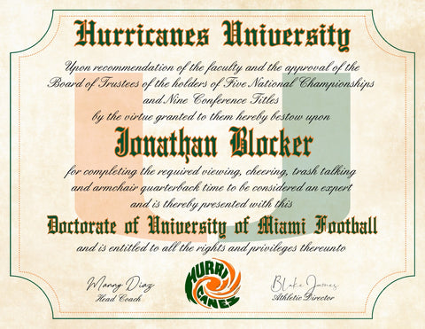 Miami Hurricanes Ultimate Football Fan Personalized Novelty Diploma - 8.5" x 11" Parchment Paper