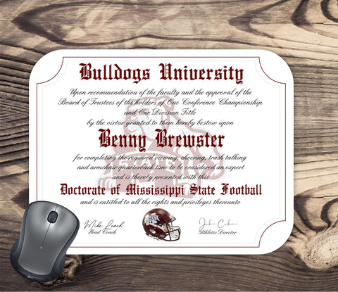 Mississippi State Bulldogs Ultimate Football Fan Personalized Diploma Mouse Pad