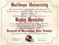 Mississippi State Bulldogs Ultimate Football Fan Personalized Diploma 8.5" x 11" Parchment Paper