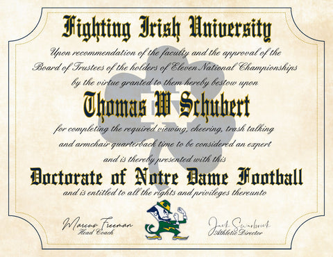 Notre Dame Fighting Irish Ultimate Football Fan Personalized Diploma - 8.5" x 11" Parchment Paper