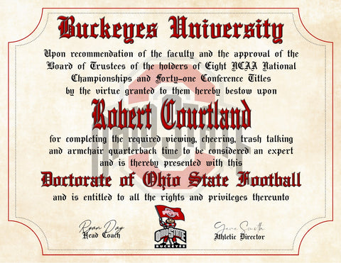 Ohio State Buckeyes Ultimate Football Fan Personalized Diploma #1 Fan Custom Certificate for Man Cave on 8.5" x 11" Parchment Paper
