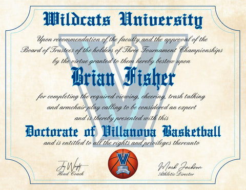 Villanova Wildcats Ultimate Basketball Fan Personalized Diploma - 8.5" x 11" Parchment Paper