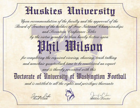 Washington Huskies Ultimate Football Fan Personalized Diploma - 8.5" x 11" Parchment Paper