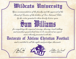Abilene Christian University Wildcats Ultimate Football Fan Personalized 8.5" x 11" Diploma