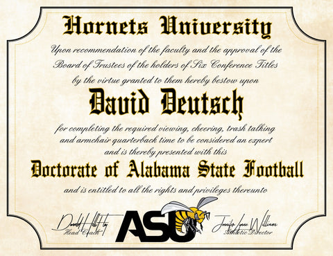 Alabama State University Hornets Ultimate Football Fan Personalized 8.5" x 11" Diploma