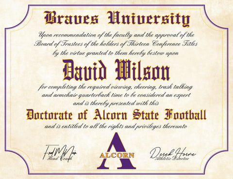 Alcorn State Braves Ultimate Football Fan Personalized Diploma - 8.5" x 11" Parchment Paper