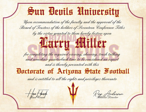 Arizona State Sun Devils Ultimate Football Fan Personalized 8.5" x 11" Diploma