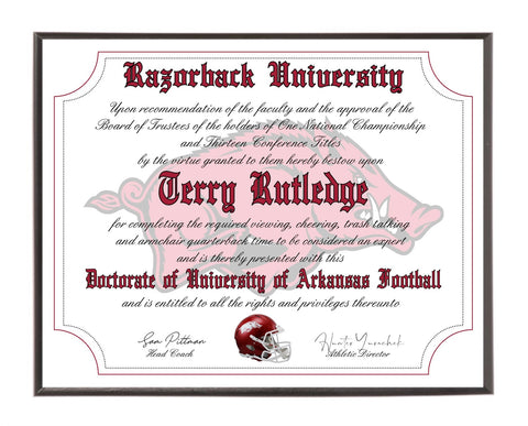 Personalized Wood Plaque of the Arkansas Razorbacks Ultimate Football Fan Diploma