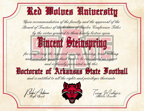 Arkansas State Red Wolves Ultimate Football Fan Personalized 8.5" x 11" Diploma