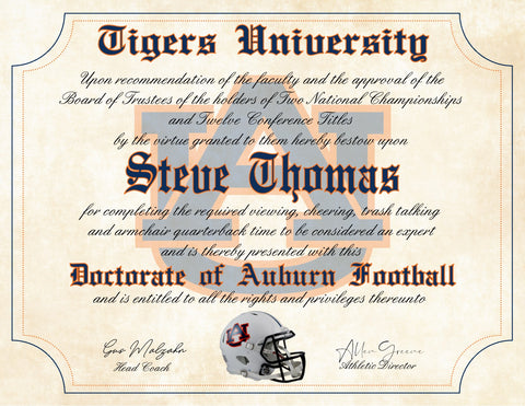 Auburn Tigers Ultimate Football Fan Personalized Diploma - 8.5" x 11" Parchment Paper