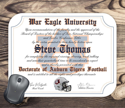 Personalized Auburn Tigers Ultimate Football Fan Diploma Mouse Pad