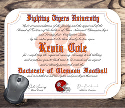 Personalized Clemson Tigers Ultimate football Fan Diploma Mouse Pad