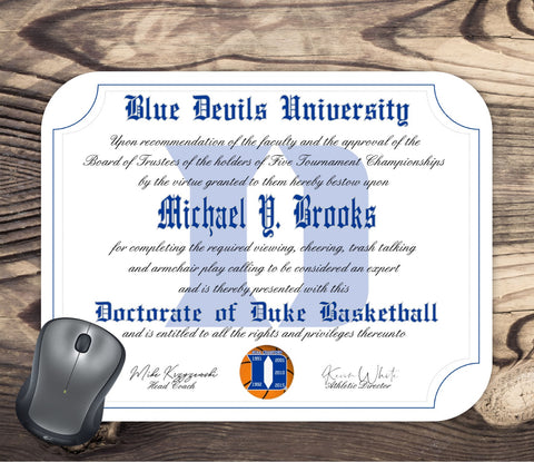 Duke Blue Devils Ultimate Basketball Fan Personalized Diploma - Mouse Pad