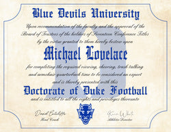 Duke Blue Devils Ultimate Football Fan Personalized Diploma - 8.5" x 11" Parchment Paper