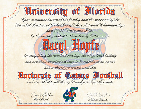 Florida Gators Ultimate Football Fan Personalized Diploma on 8.5" x 11" Parchment Paper