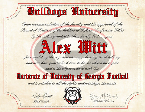 Georgia Bulldogs Ultimate Football Fan Personalized Diploma - 8.5" x 11" Parchment Paper