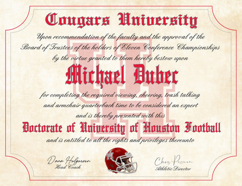 University of Houston Cougars Ultimate Football Fan Personalized Diploma - 8.5" x 11"