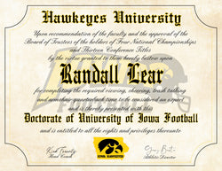 Iowa Hawkeyes Ultimate Football Fan Personalized Diploma - 8.5" x 11" Parchment Paper