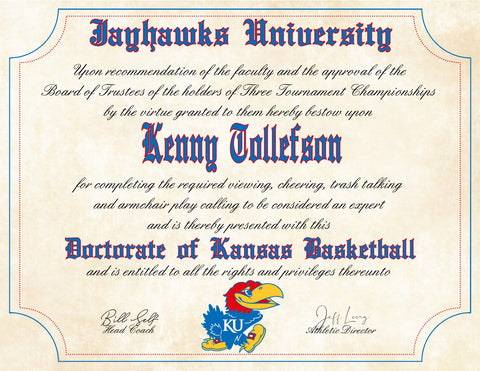 Kansas Jayhawks Ultimate Basketball Fan Personalized Diploma on 8.5" x 11" Parchment Paper
