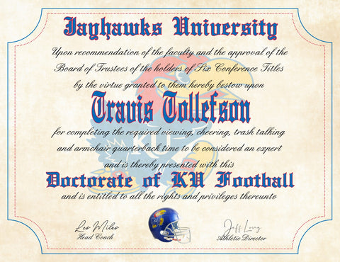 Kansas Jayhawks Ultimate Football Fan Personalized Diploma - 8.5" x 11" Parchment Paper