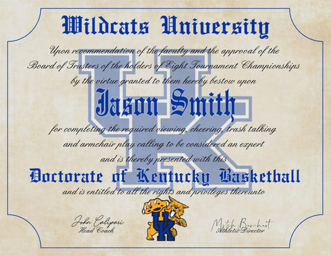 Kentucky Wildcats Ultimate Basketball Fan Personalized Diploma - 8.5" x 11" Parchment Paper