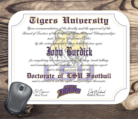 Personalized LSU Tigers Ultimate football Fan Diploma Mouse Pad