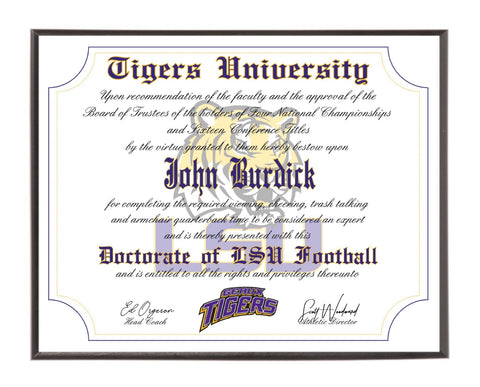 Personalized Wood Plaque of the LSU Tigers Ultimate Football Fan Diploma