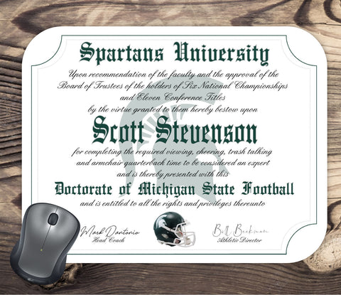 Michigan State Spartans Ultimate Football Fan Personalized Diploma Mouse Pad