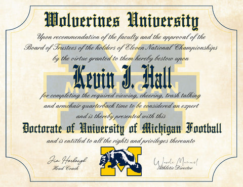 Michigan Wolverines Ultimate Football Fan Personalized Diploma - 8.5" x 11" Parchment Paper