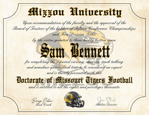 Missouri Tigers Ultimate Mizzou Football Fan Personalized Diploma - 8.5" x 11" Parchment Paper