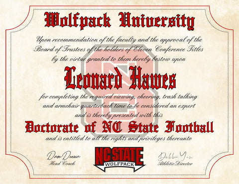 NC State Wolfpack Ultimate Football Fan Personalized Diploma - 8.5" x 11" Parchment Paper