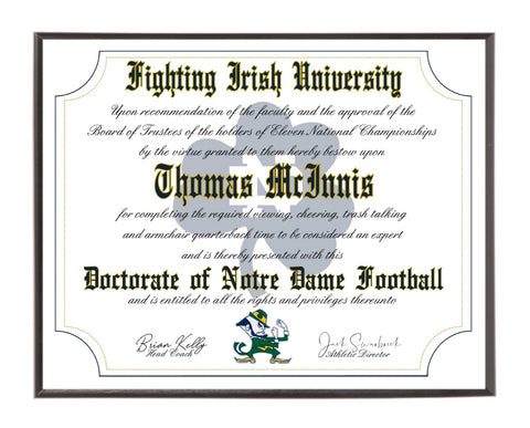 Personalized Wood Plaque of the Notre Dame Fighting Irish Ultimate Football Fan Diploma