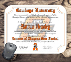 Oklahoma State University Cowboys Ultimate Football Fan Personalized Diploma Mouse Pad
