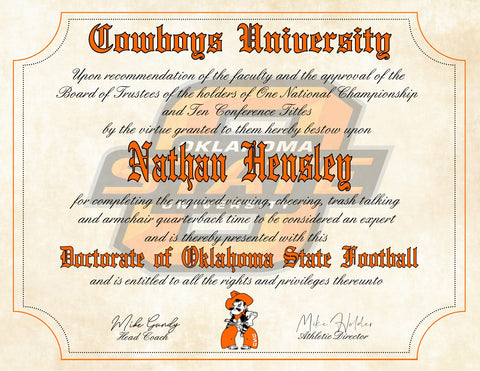 Oklahoma State Cowboys Ultimate Football Fan Personalized Diploma - 8.5" x 11" Parchment Paper