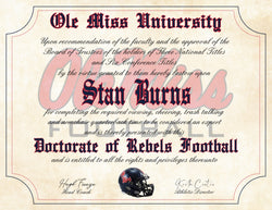 Ole Miss Rebels Ultimate Football Fan Personalized Diploma - 8.5" x 11" Parchment Paper