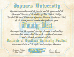 Southern University Ultimate Football Fan Personalized Diploma - 8.5" x 11" Parchment Paper