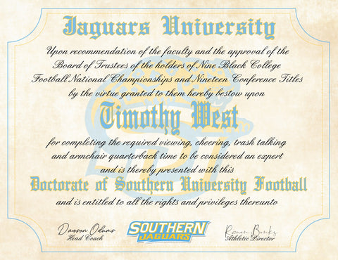 Southern University Ultimate Football Fan Personalized Diploma - 8.5" x 11" Parchment Paper