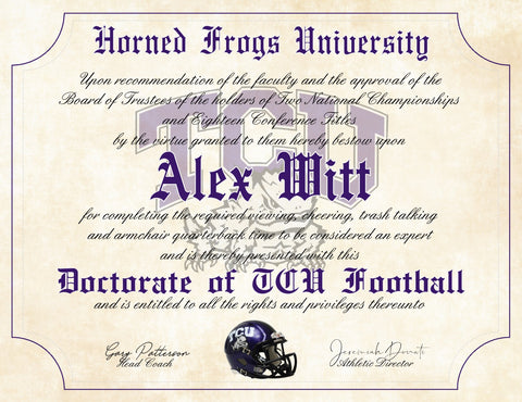 TCU Horned Frogs Ultimate Football Fan Personalized Diploma - 8.5" x 11" Parchment Paper