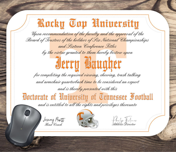 University of Tennessee Volunteers Ultimate Football Fan Personalized Diploma Mouse Pad