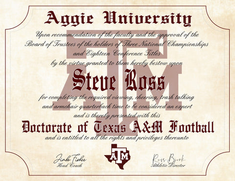 Texas A&M Aggies Ultimate Football Fan Personalized Diploma 8.5" x 11"