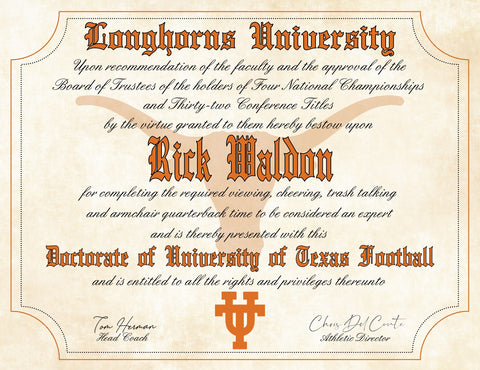Texas Longhorns Ultimate Football Fan Personalized Diploma - 8.5" x 11" Parchment Paper
