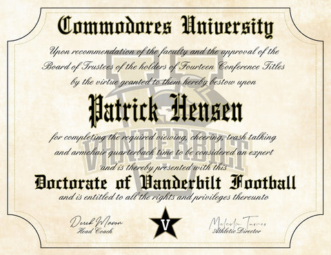 Vanderbilt University Commodores Ultimate Fan Personalized Diploma - 8.5" x 11" Parchment Paper