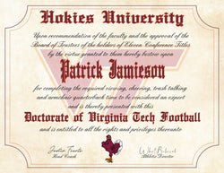 Virginia Tech Hokies Ultimate Football Fan Personalized Diploma - 8.5" x 11" Parchment Paper